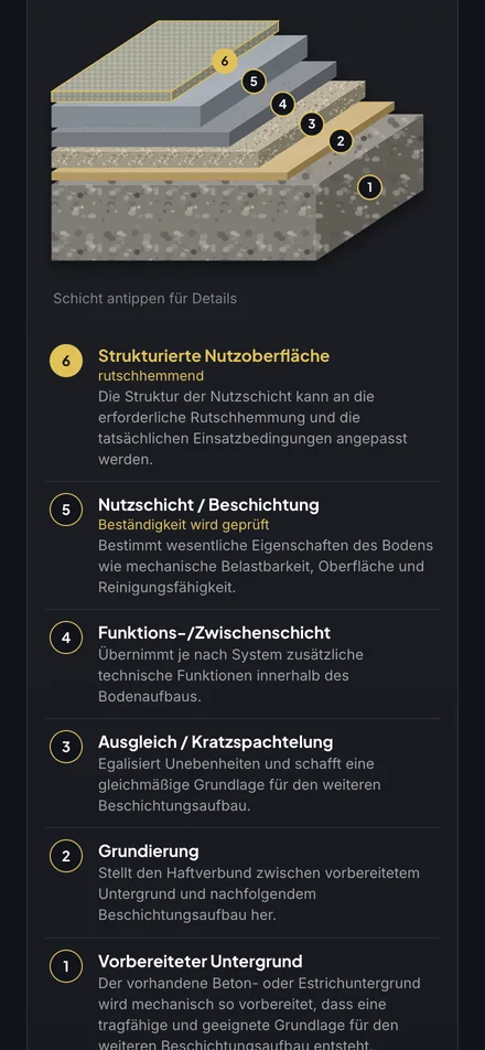 KRONA Baukonzepte Systemfinder mit Schichtaufbau des Industriebodens auf dem Smartphone